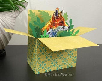 Rotfuchs Karte. Leere oder personalisierte 3D-Boxkarte; Geburtstag, Muttertag, Ostern, Vatertag, Dankes-Karte. Geschenkkartenhalter.