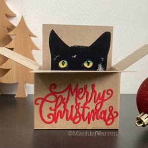 Schwarze Katze Weihnachtskarte. Die Original-Katze in der Schachtel. 3D Weihnachtsgeschenkkartenhalter. Schick direkt.