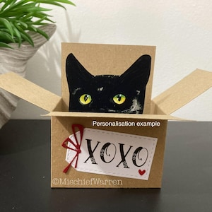 Black Cat Personalised Box Card. The Original Cat in a box card. Birthday, Mothers or Father’s Day, New Home, Valentines. Gift card holder.