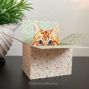 Carte de chat au gingembre. La carte originale Le chat dans une boîte. Carte boîte 3D personnalisée ; Anniversaire, Fête des Mères, Fête des Pères, Merci Porte-cartes cadeau.