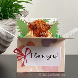 Highland Kuh Karte. Coo 3D Box Karte. Leere oder personalisierte Muttertag, Valentinstage, Hochzeit, Jubiläum Geschenkkartenhalter.