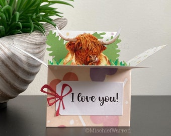 Highland Cow Card. Coo 3D Box card. Blank or personalised mothers day, valentines, wedding, anniversary gift card holder.