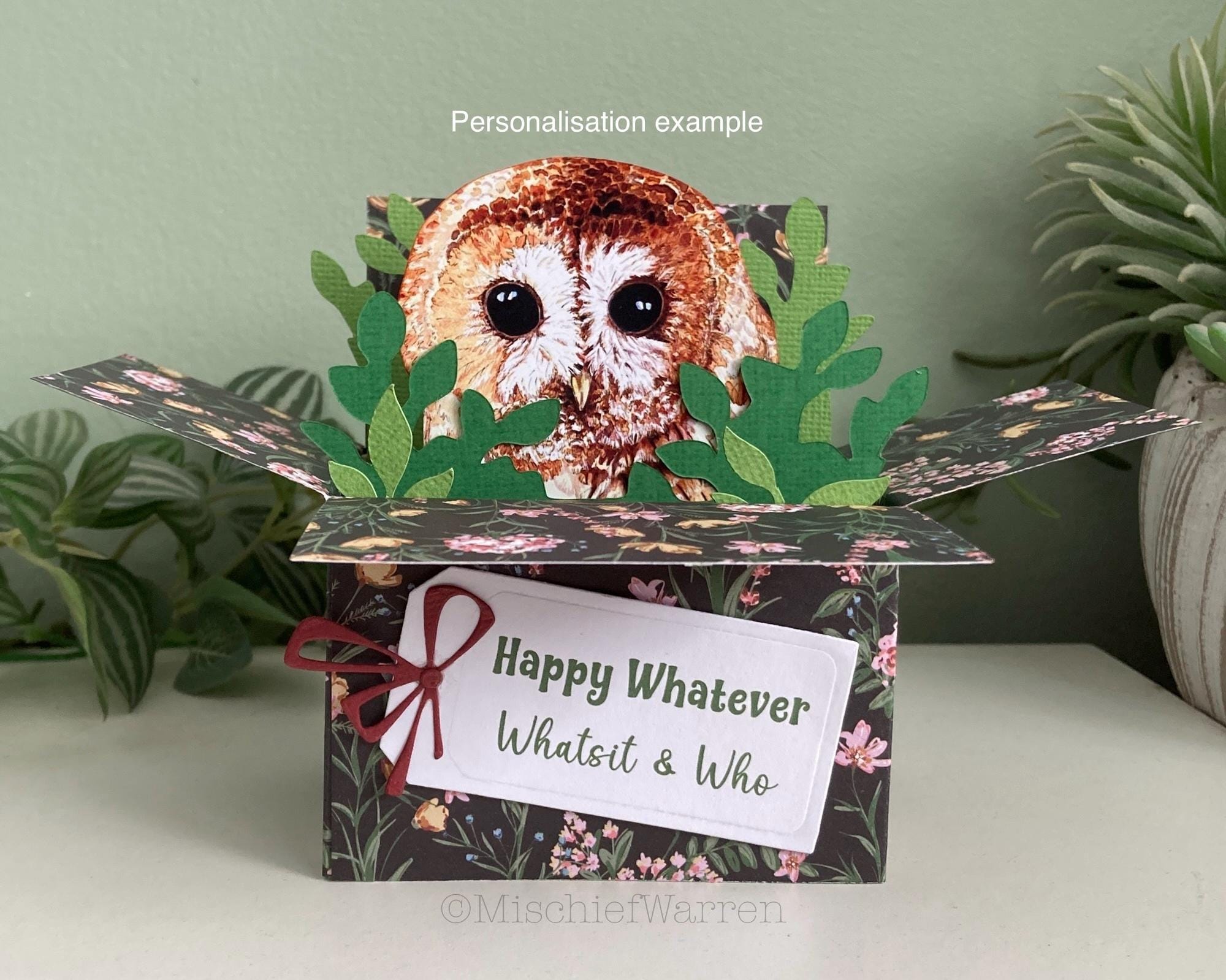 Handmade Owl Card; Personalised. 3D Floral Gift Card Holder