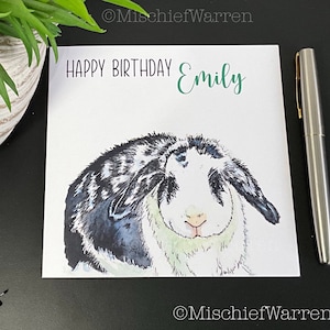 Personalised rabbit birthday card. Handmade, dwarf Dalmatian lop rabbit art card; for bunny lover.