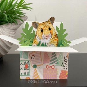 Hamster Box Karte. Blanko 3D Karte oder personalisiert für Geburtstag, Ostern, Muttertag, Vatertag, Weihnachten. Geschenkkartenhalter.