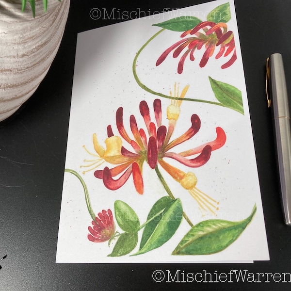 Honeysuckle Art Card, blank or personalised for any occasion; birthday, Mother’s Day, Thank you, Get Well. Floral card for garden lover.