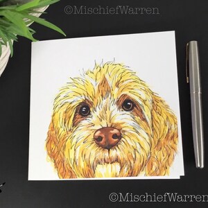 Carte d'art de chien Cockapoo labradoodle. Vierge ou personnalisée : anniversaire, pâques, fête des mères, fête des pères, carte de Noël.