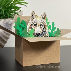 White Wolf 3D Box Card. Blank or personalised; Birthday, wedding, Mother’s Day, Father’s Day, Christmas. Gift card holder.