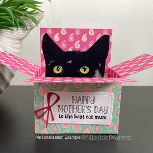 Black Cat Mother's Day Card. The Original Cat in a box card. 3D Personalised Mothers Day gift card holder. Send direct.