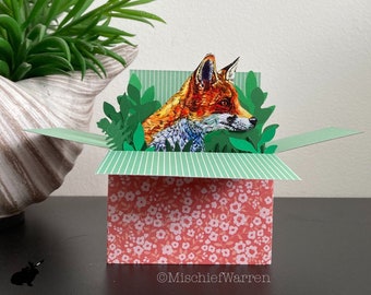 Red Fox Card. Blank or personalised 3D box card; Birthday, Mother’s Day, Easter, Father’s Day, Christmas card. Gift card holder.