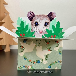 Opossum Christmas Card. 3D bear box card, personalised. Christmas gift card holder.