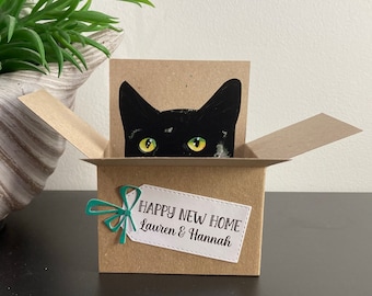 Black Cat Personalised Card. The Original Cat in a box card. Birthday, Mothers or Father’s Day, New Home, Valentines. Gift card holder.