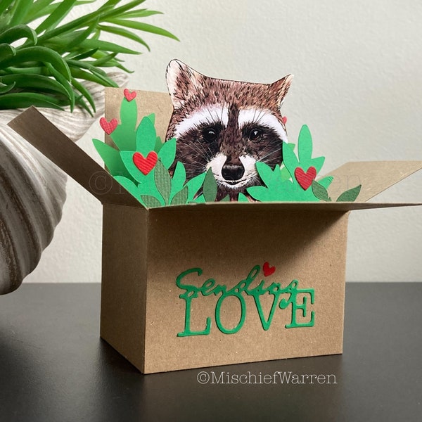 Raccoon Sending Love Card. 3D box card. Mother’s Day, Father’s Day or Easter Gift card holder.