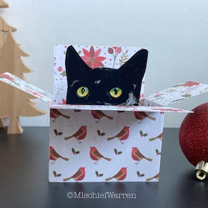 Schwarze Katze Weihnachtskarte. 3D Katzenbox Karte, personalisiert. Weihnachtsgeschenkkartenhalter.