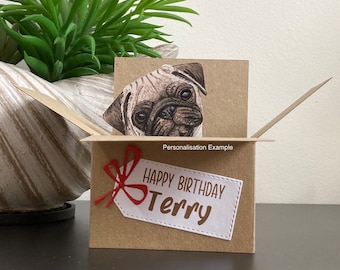 Pug in a Box Card. Personalised 3D fawn pug card for; birthday, Mother’s or fathers Day, Christmas. Gift card holder.