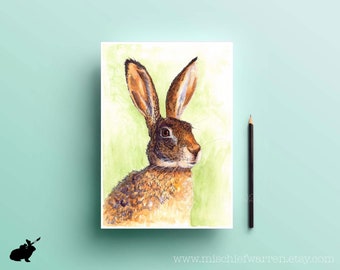 Hare Art Print from my Watercolour Painting. Wildlife Picture for Home Decor or Gift. A4 or 8" x 10"