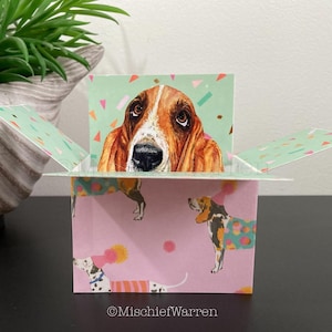 Basset Hound Card. 3D box card, blank or personalised Basset birthday card. Gift card holder.