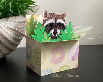 Cute Raccoon 3D Box Card. Blank or Personalised for; birthday, Mother’s Day, Easter, Fathers day, wedding. Gift card holder.