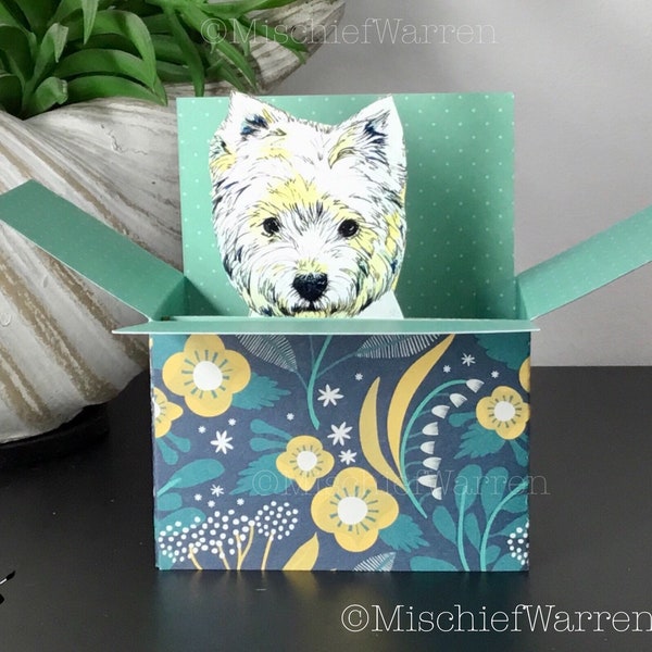 Westie card. West Highland White Box Card. 3D blank or personalised: birthday, mothers day, thank you. Gift card holder.