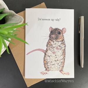 Carte de rat de compagnie. Quelqu'un a dit gâteau ? Carte d'anniversaire ou de fête vierge faite main. Carte amusante pour les amoureux des rats.