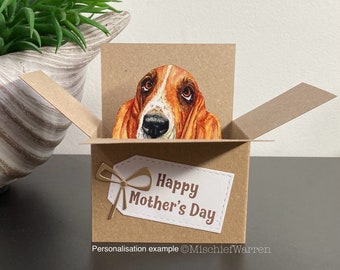 Basset Hound Card. 3D dog box card. Blank or personalised; birthday, Mother’s or Father’s Day, anniversary, Christmas. Gift card holder.