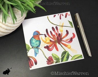 Hummingbird Honeysuckle Art Card: Handmade Floral Note Card