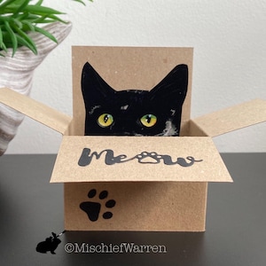 Black Cat “Meow” Card. The Original Cat in a Box Card. From the cat for cat lover. Thank you, New Home, Valentine's. Gift card holder.