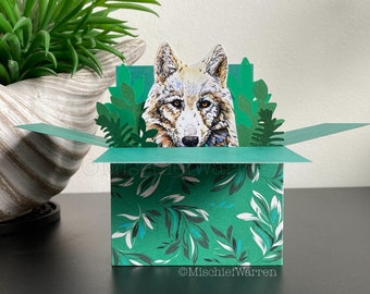 White Wolf 3D Box Card. Blank or personalised for; Birthday, Mother’s Day, Father’s Day, Thank you, Christmas. Gift card holder.