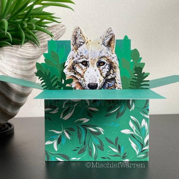 Witte Wolf 3D Box-kaart. Blanco of gepersonaliseerd voor; Verjaardag, Moederdag, Vaderdag, Bedankt, Kerstmis. Houder voor cadeaubonnen.