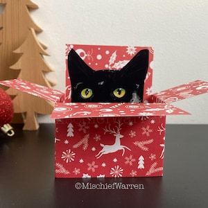 Carte de Noël de chat noir. Carte 3D en forme de boîte pour chat, personnalisée. Porte-cartes cadeau de Noël.