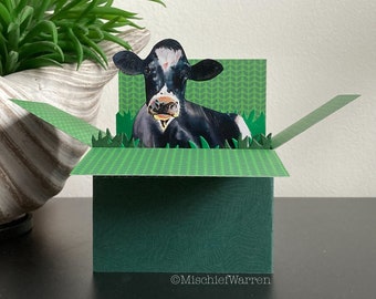 Friesian Cow Card. 3D box card personalised for; Birthday, Easter, Mother’s Day, Father’s Day, Wedding, Anniversary. Gift card holder.