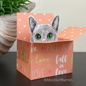 Blaue graue Katzenkarte. Die Original Katze in der Box Karte. Valentinstag, Hochzeit, Jahrestag Geschenkkartenhalter. Blank oder personalisiert. Russisch Blau.