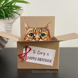 Braun getigerte Katze Karte. Die Original Katze in der Box Karte. Personalisiert: Geburtstag, Muttertag, Vatertag, Weihnachten. Geschenkkartenhalter.