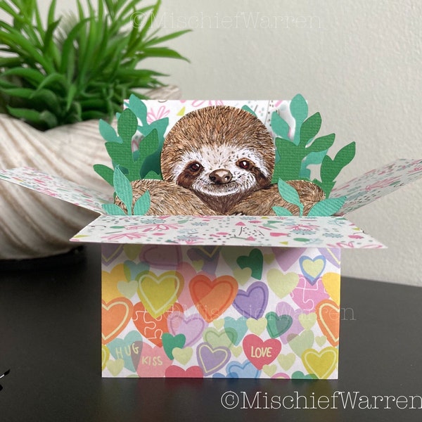 Sloth 3D Box Card. Love Hearts. Blank or personalised for any occasion; Valentines, mothers day, wedding, anniversary, Gift card holder.