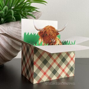 Puede incluir: Una tarjeta desplegable con una vaca de las Tierras Altas con pelaje largo y rojizo-marr&oacute;n, saliendo de una caja. La caja tiene un patr&oacute;n de cuadros en rojo, negro y beige. Hierba de papel verde rodea la vaca. La tarjeta est&aacute; sobre un fondo neutro.