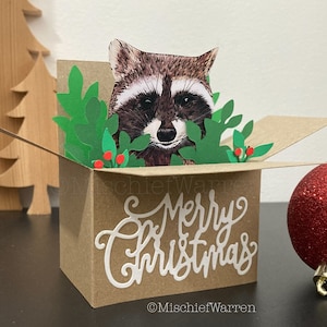 Waschbär Weihnachtskarte. Handgemachte recycelte 3D Waschbär Box Karte. Weihnachtsgeschenk-Kartenhalter.