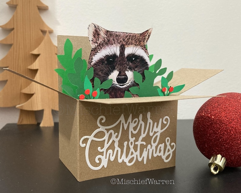 Raccoon Christmas Card. Handmade Recycled 3D Racoon Box Card. Christmas