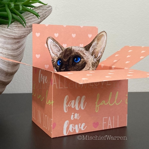 Siamese Cat Love Card. 3D box card, blank or personalised. Valentines, Wedding Anniversary Gift card holder. The Original Cat in a box card.