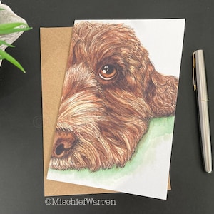 Braune Cockapoo Kunst Karte. Rohling für jeden Anlass von Geburtstag bis Weihnachten. Aquarell Blankokarte für Cockerpoo-Liebhaber. Kann direkt senden.