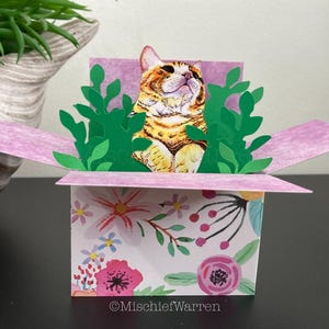 Jolie carte de boîte de chat. La carte originale Le chat dans une boîte. Vierge ou personnalisée ; carte de remerciement, carte de fête des mères, anniversaire. Porte-cartes cadeau.