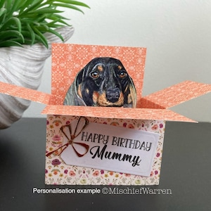 Dackel Hund Karte. 3D Dackel Box Karte für jeden Anlass; Geburtstag, Muttertag, Dankeschön, Neues Zuhause, Weihnachten. Geschenkkartenhalter.