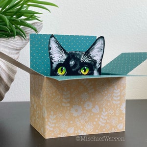 Black + White Cat Box Card. The Original Cat in a Box Card. Personalised for birthday, thank you, Christmas. 3D Gift card holder.