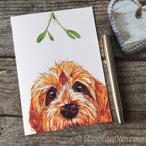 Carte de Noël Cockapoo abricot. Carte de Noël pour amateur de labradoodle ou de cockerpoo.