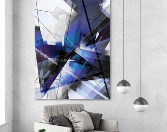 Cobalt Blue and Silver Modern Geometric Abstract Art Print 'Divided by Glass'