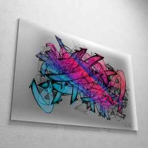 May include: Abstract art print featuring a vibrant design. The artwork showcases a complex arrangement of overlapping shapes and lines in shades of pink, blue, and black. The piece is mounted on a white surface, creating a modern aesthetic.