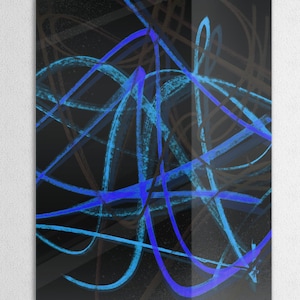 May include: Abstract art print featuring a black background with blue and purple brushstrokes. The brushstrokes are thick and layered, creating a dynamic and energetic composition.