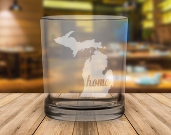 Michigan "Home" Engraved State Whiskey Rocks Glass