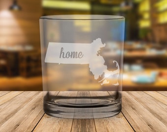 Massachusetts "Home" Engraved State Whiskey Rocks Glass
