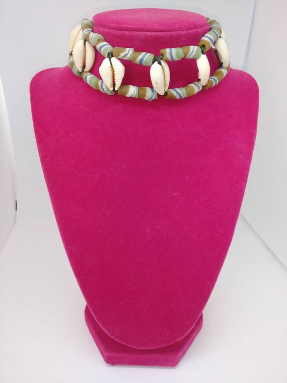 Cowrie Shell And Bead Choker  (Green or Blue) - image 1