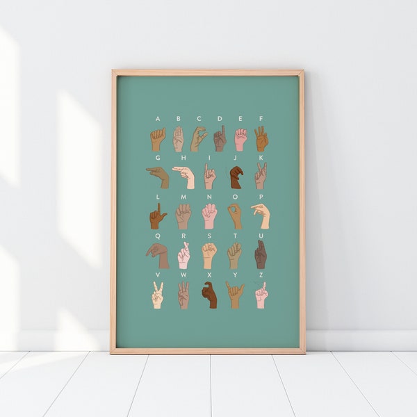 Alphabet Sign Language Art Print Diverse Language Skin Tones Colorful Teal | Instant Download DIY Gift Wall Art | Inclusive Classroom Poster